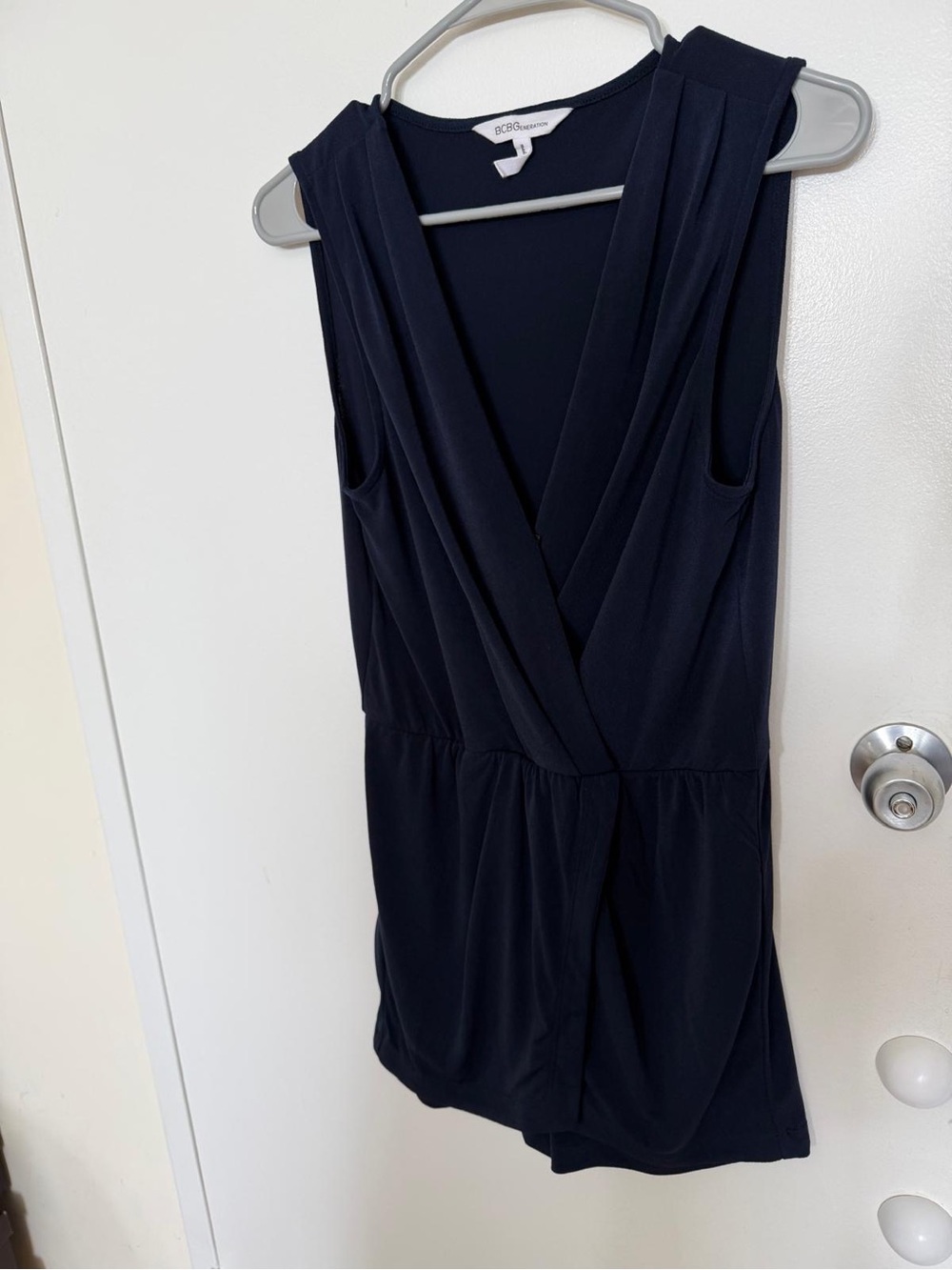BCBGMaxAzria Navy Sleeveless Romper with Draped Front
